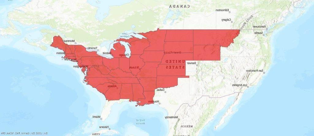 美国地图，用高亮的区域覆盖了从西北到东南的37个州.